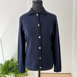 LIZ CLAIBORNE Silk Blend Fine Knit Navy Blue Shell Button Collared Cardigan Chic